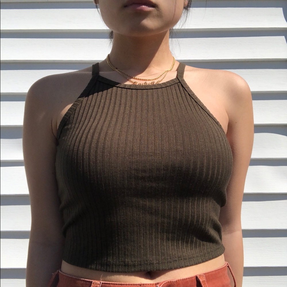 Olive Green Ribbed Halter Crop Top